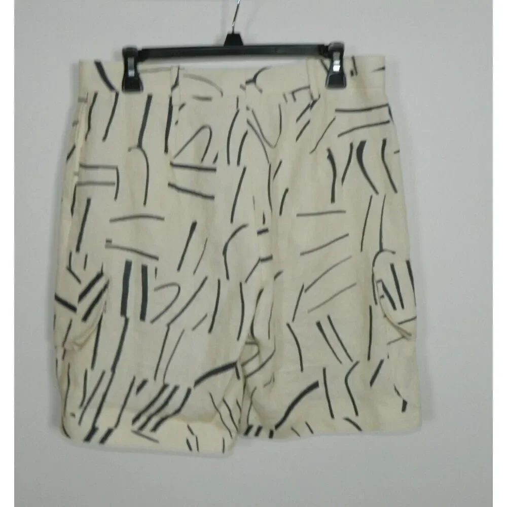 Victoria Beckman Shorts Size 6 Ivory Black Linen Cargo‎ Abstract Print
